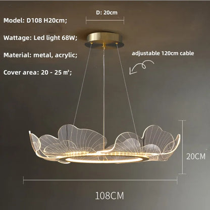 DecorBites™ Ginkgo Acrylic LED Pendant Chandelier Light, Gold Metal, Dimmable, Modern Minimalism