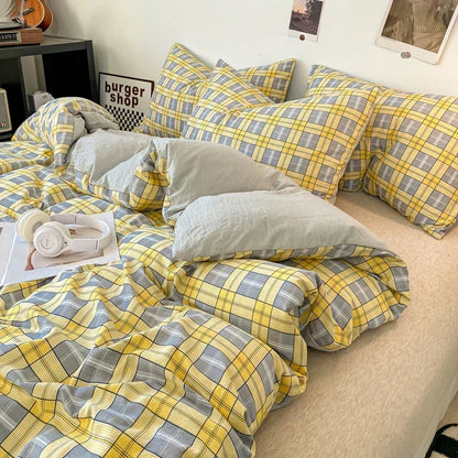 DecorBites™ Japanese Style Check Duvet Cover Set - Soft Washed Quilt Cover & Pillowcase
