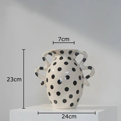 DecorBites™ Black Polka Dot Ceramic Vase for Table Flower Arrangement and Room Decor