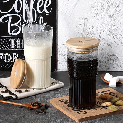 DecorBites™ 500ml Ribbed Glass Cup with Lid and Straw | Stylish Drinking Glass for Any Occasion