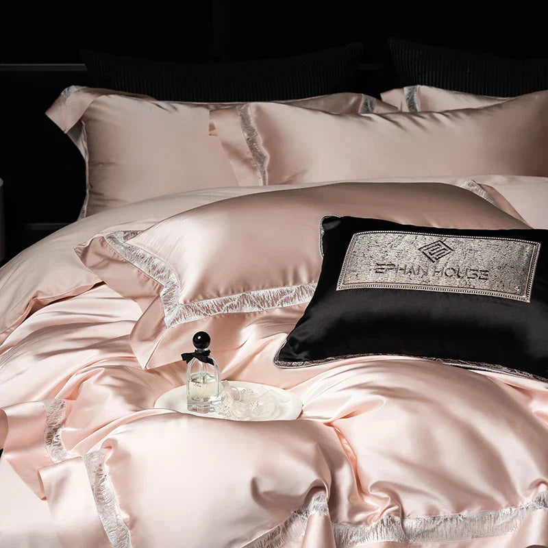 DecorBites™ Luxe Brocade & Egyptian Cotton Bedding Set with Hollow Lace Edge