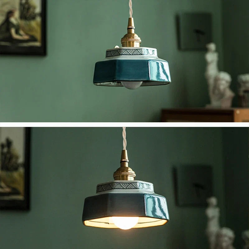 Japanese Retro Ceramic Pendant Light in Red or Blue