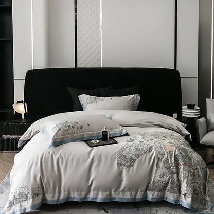 DecorBites™ Cotton Flowers Horse Embroidery Luxury Bedding Set - Duvet Cover, Bed Sheet, Pillowcases