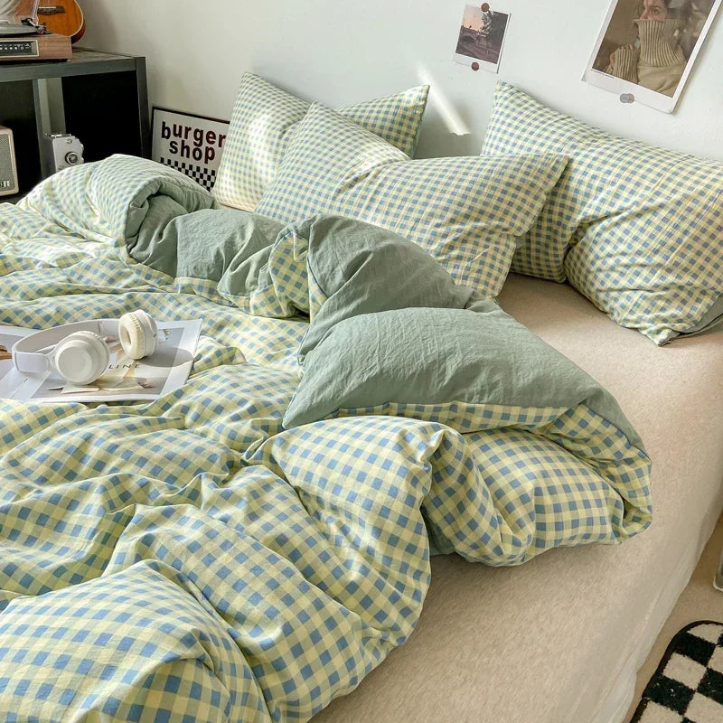 DecorBites™ Japanese Style Check Duvet Cover Set - Soft Washed Quilt Cover & Pillowcase