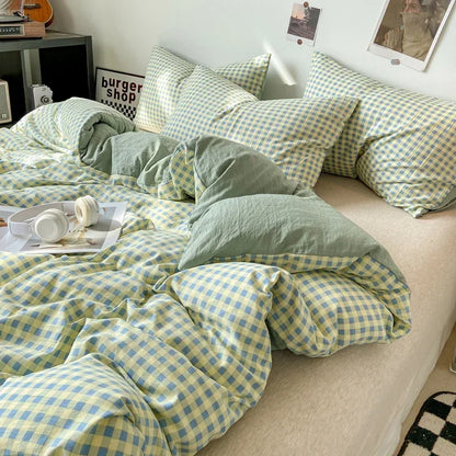 DecorBites™ Japanese Style Check Duvet Cover Set - Soft Washed Quilt Cover & Pillowcase