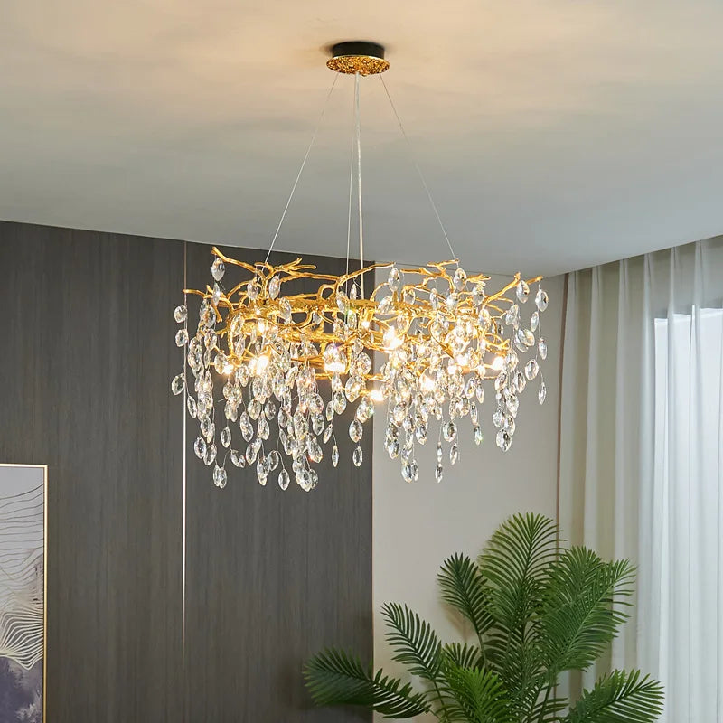 Gold Crystal Tree Chandelier Matte Aluminum Finish