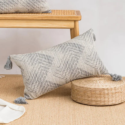 DecorBites™ Geometric Tufted Tassel Cushion Cover White Grey Bohemian Decor Pillow Cover
