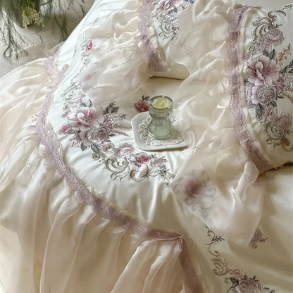 DecorBites™ Elegant Flowers Embroidery Lace Princess Wedding Bedding Set - 1200TC Cotton Duvet Cover