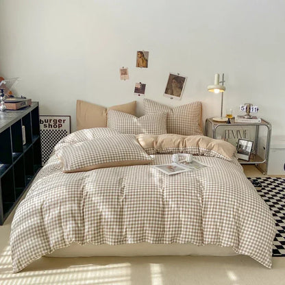 DecorBites™ Japanese Style Check Duvet Cover Set - Soft Washed Quilt Cover & Pillowcase