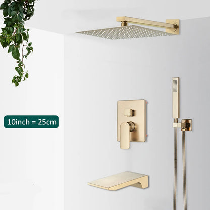 Quyanre Brushed Gold Shower Faucets Set Bathroom Wall Mounted Shower System Embedded Box Shower Mixer Tap Rainfall Shower Faucet