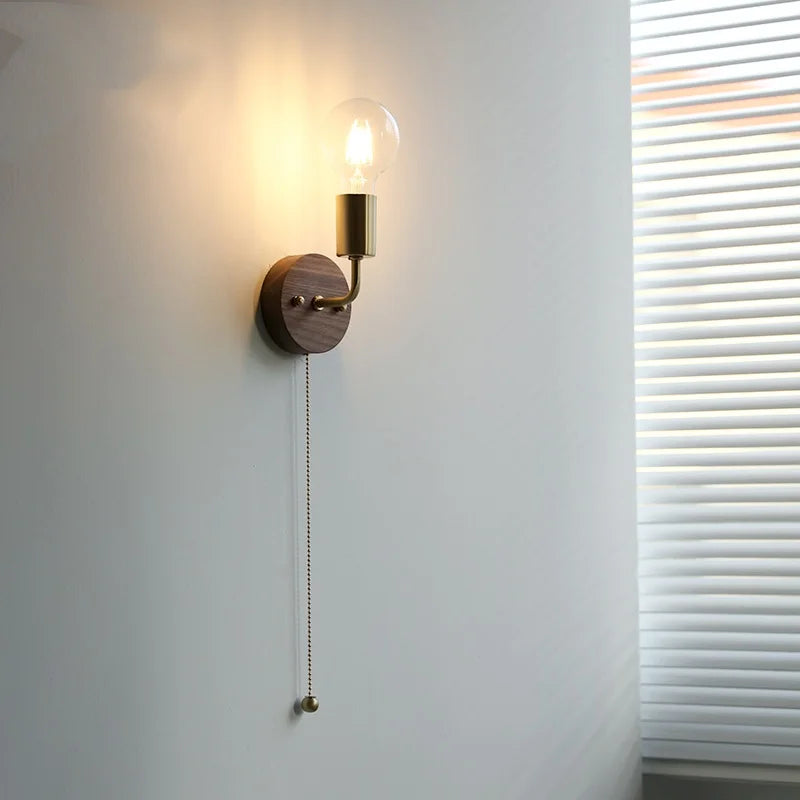 DecorBites™ LED Walnut Wood Wall Light Fixture Clear Glass Sconce Bedside Lamp