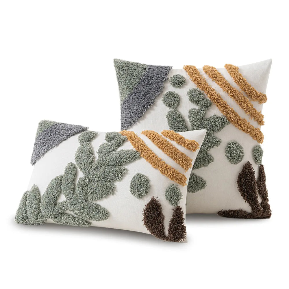 DecorBites™ Leaf Embroidered Boho Tufted Cotton Canvas Cushion Cover for Sofa Living Room