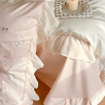 DecorBites™ French Romantic Lace Ruffles Flowers Embroidery Bedding Set in Pink & Blue Cotton