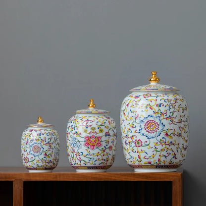 DecorBites™ Enamelled Porcelain Tea Caddy Ginger Jar - Desktop Storage Container