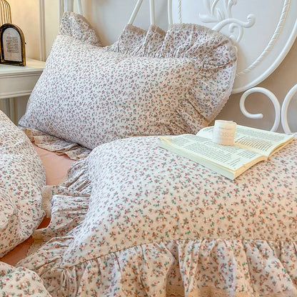 DecorBites™ Double Layer Lace Ruffles Floral Bedding Set with Duvet Cover, Bed Skirt, Pillows