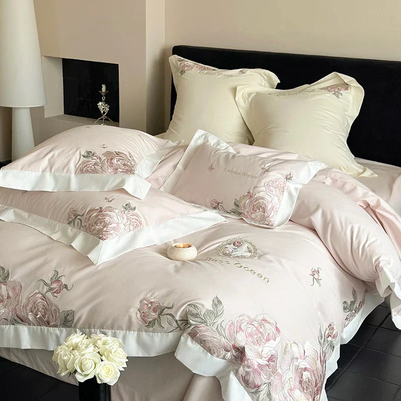 DecorBites™ 4-Piece Pink Purple Flowers Embroidery Bedding Set in 1000TC Egyptian Cotton