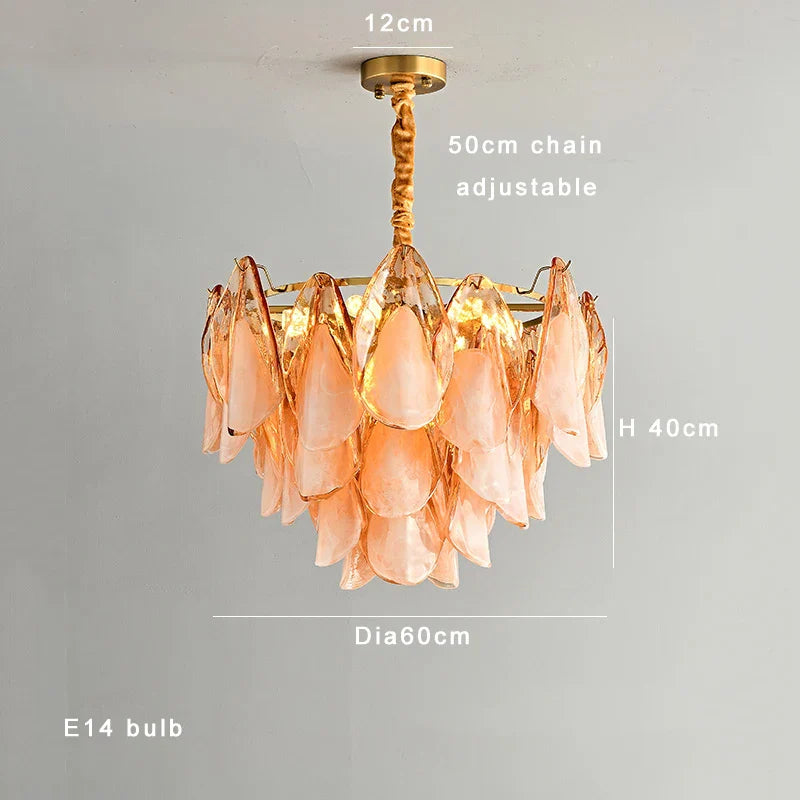 DecorBites™ Gold Chrome Dimmable Amber Glass Petal Chandelier – French Design Luxury Hanglamp