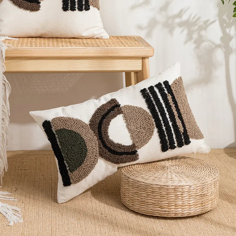 DecorBites™ Geometric Embroidery Tassel Cushion Cover - Grey White Simple Loop Tufted Pillow