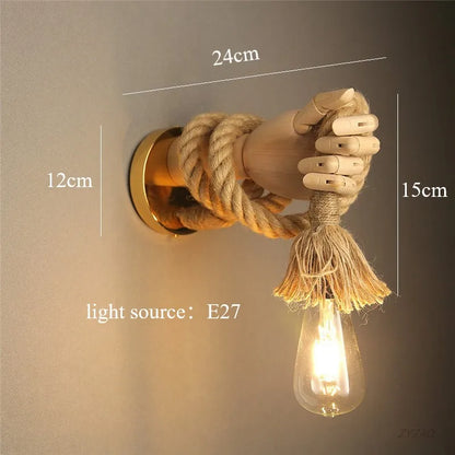 DecorBites™ Hand Shape Wall Light Industrial Loft Hemp Rope E27 Wall Lamp