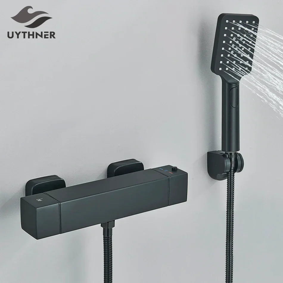 DecorBites™ Black/Chrome Thermostatic Shower Set with Brass Wall Mount Mixer Handle Spray