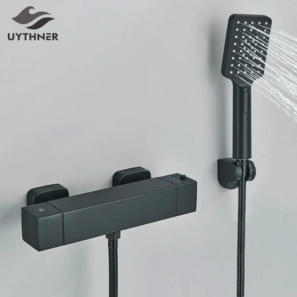 DecorBites™ Black/Chrome Thermostatic Shower Set with Brass Wall Mount Mixer Handle Spray