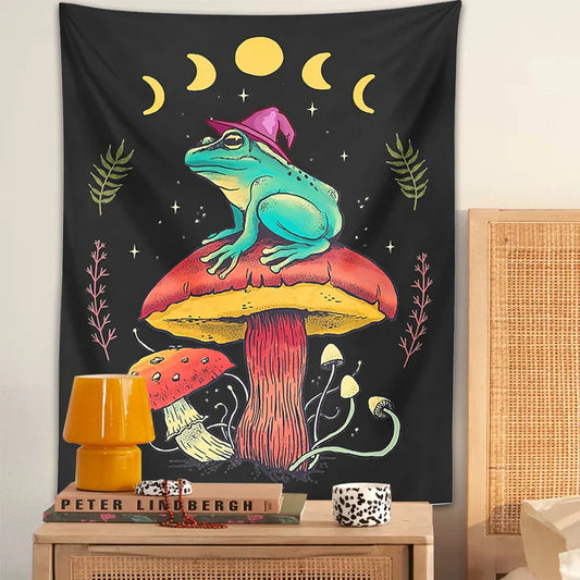 DecorBites™ Frog on Mushroom Tapestry Wall Hanging: Aesthetic, Magic, Wizard, Cottagecore, Boho, Hippie, Moon Phase