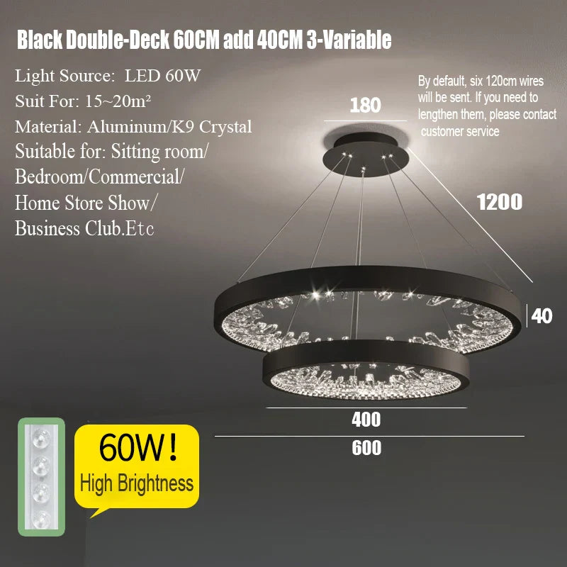 DecorBites™ Crystal Led Chandelier: Modern Luxury K9 Ring Dimmable Circle Hanging Lamp - Bedroom Living Dining Room Lighting