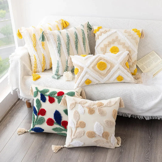 DecorBites™ Geometric Tufted Embroidery Flowers Boho Cushion Cover with Tassel