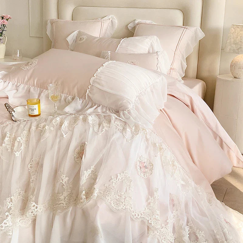 DecorBites™ French Lace Ruffles Princess Wedding Bedding Set - 4Pcs 1000TC Cotton - Duvet, Sheet, Pillowcases