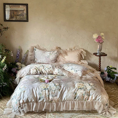 DecorBites™ French Flowers Lace Ruffles Bedding Set with Silky Soft Lyocell Cotton