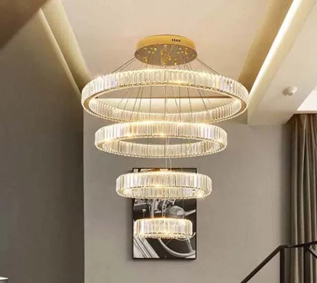 DecorBites™ Crystal LED Chandelier Rings Pendant Lamp Luxury Villa Stair Decoration