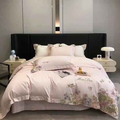 DecorBites™ Egyptian Cotton Flowers Embroidery Luxury Bedding Set - Queen King Size