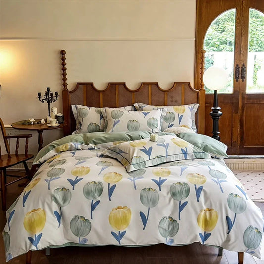 DecorBites™ Cotton Bedding Set Queen King Size Sheet Pillowcase Blanket Cover