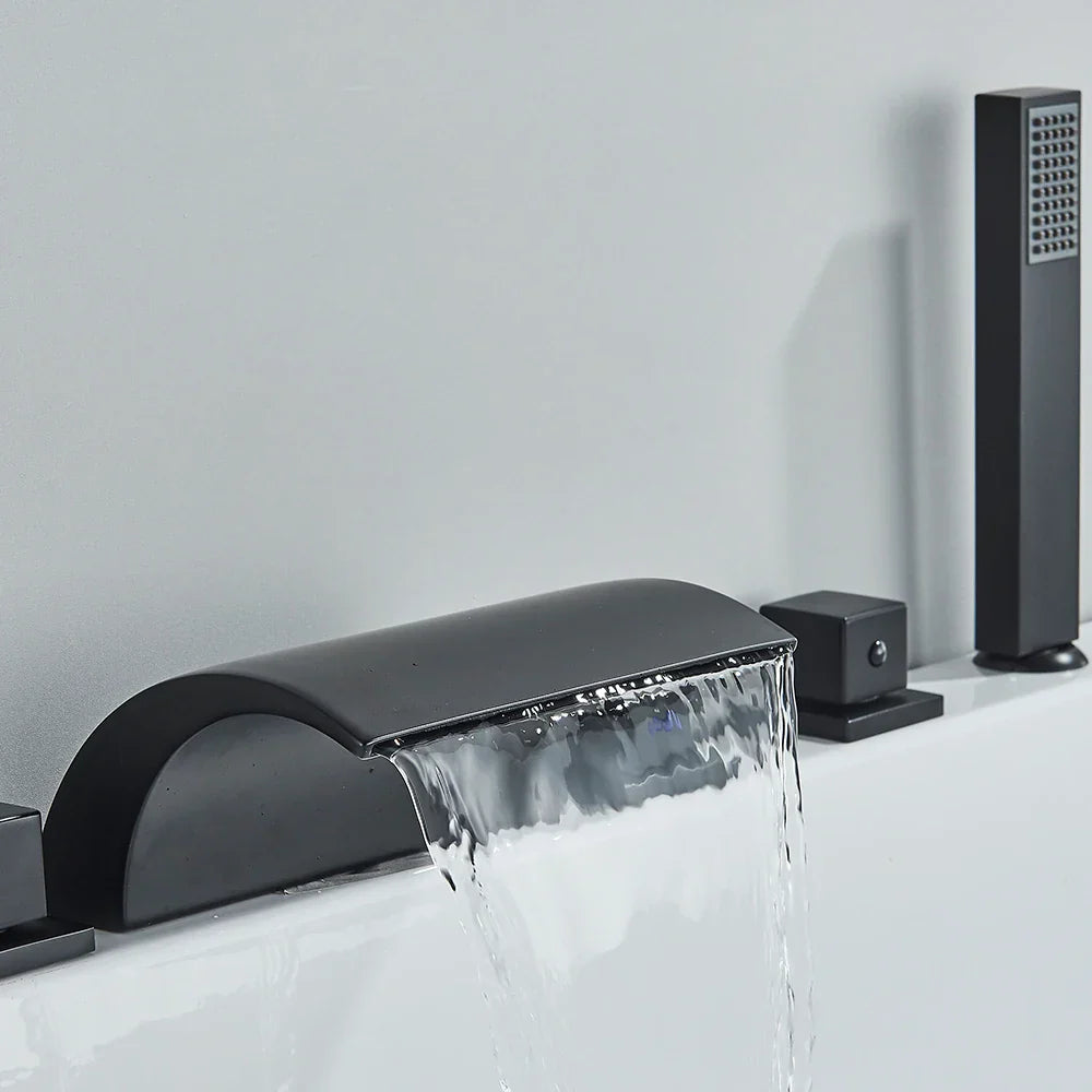 DecorBites™ Black Brass Waterfall Tub Faucet Three Handles Hot Cold Mixer