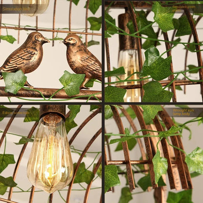 DecorBites™ Iron Bird Cage Chandelier with Green Leaf Decoration and LED Lamps