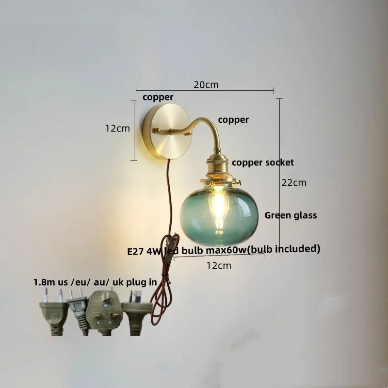 Green Glass Wall Sconce Copper Socket Pull Chain