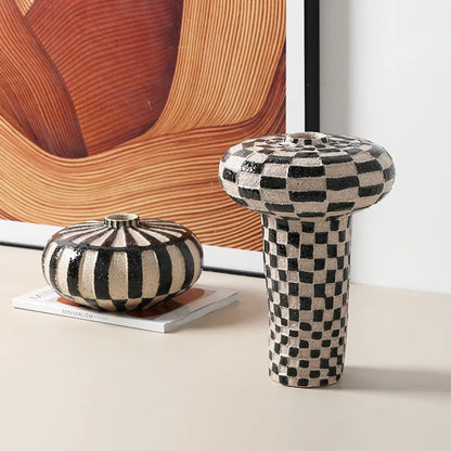 DecorBites™ Geometric Check Ceramic Vase for Home Decor and Floral Arrangements
