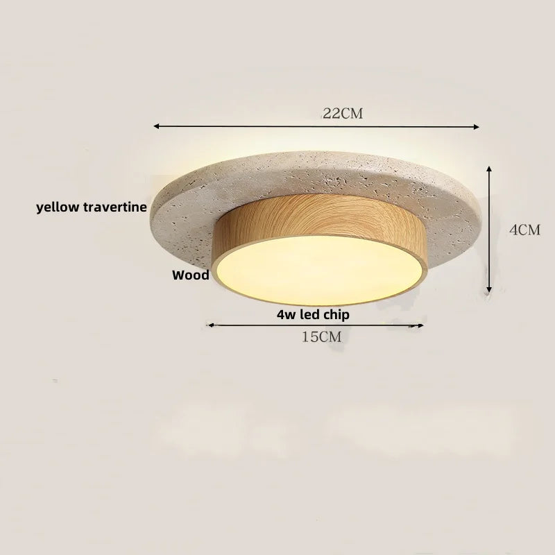 DecorBites™ Japan Style LED Ceiling Light Yellow Travertine Stone Wood Base Bedroom Luminaire.