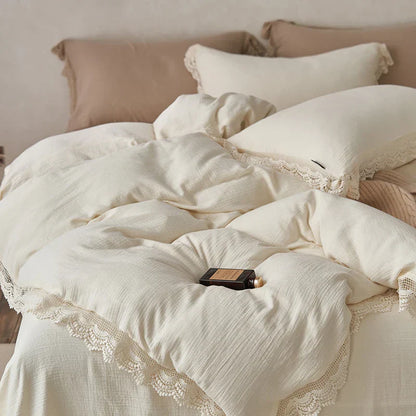DecorBites™ Lace Edge Cotton Bedding Set for Soft Skin with Duvet, Sheets, and Pillowcases
