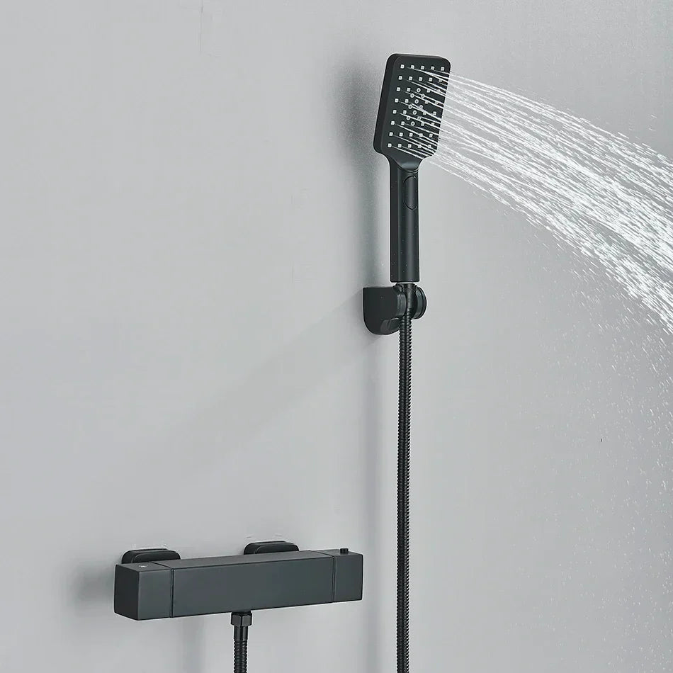 DecorBites™ Black/Chrome Thermostatic Shower Set with Brass Wall Mount Mixer Handle Spray