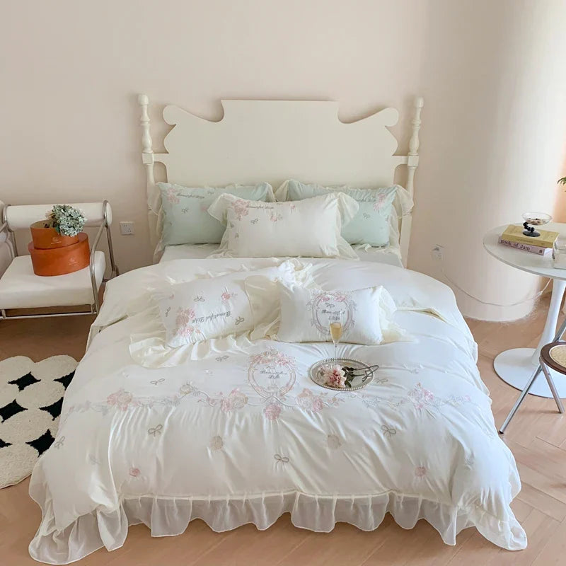 DecorBites™ 4Pcs Flowers Embroidery Princess Queen Bedding Set with Lace Ruffles