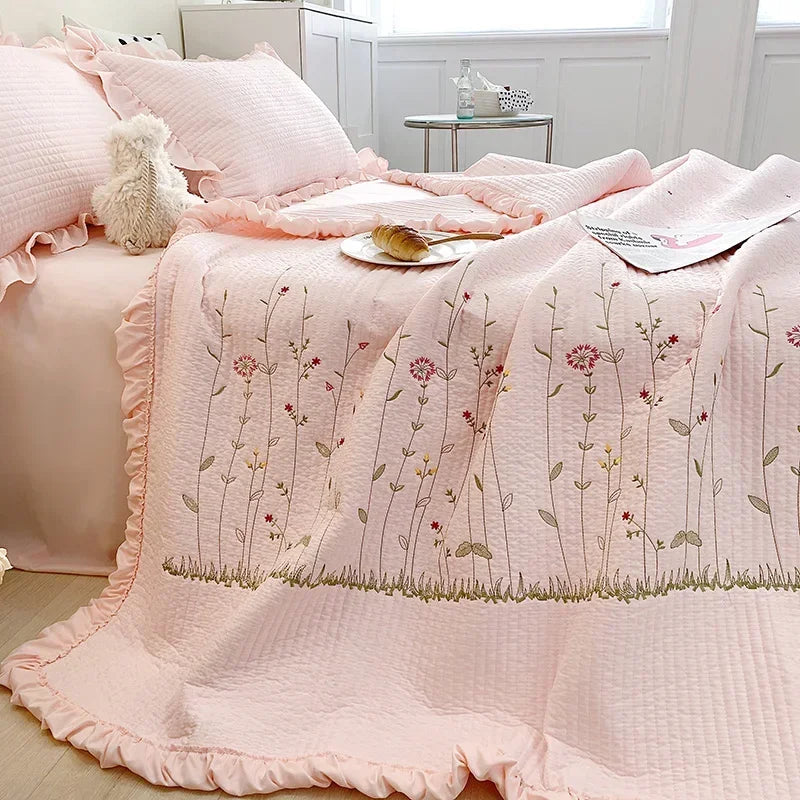 DecorBites™ Fresh Flower Embroidered Summer Quilt Set - Lightweight Ruffled Comforter