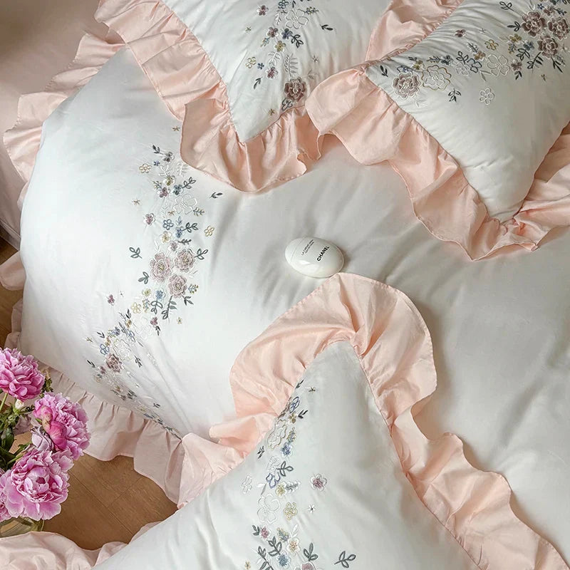 Embroidered Cotton Bedding Set Lace Ruffle King