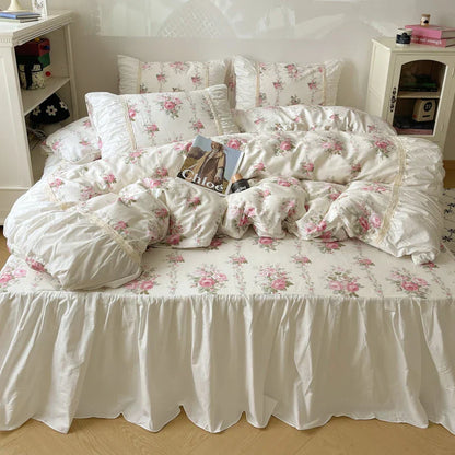 DecorBites™ Korean Princess Flowers Bedding Set - Duvet Cover, Bed Skirt, Pillowcases