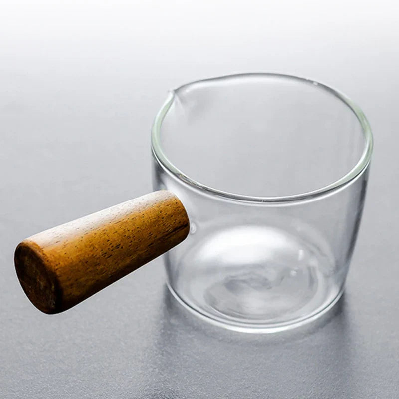 DecorBites™ Glass Espresso Measuring Cup with Wood Handle, Milk Jug for Coffee & Sauce