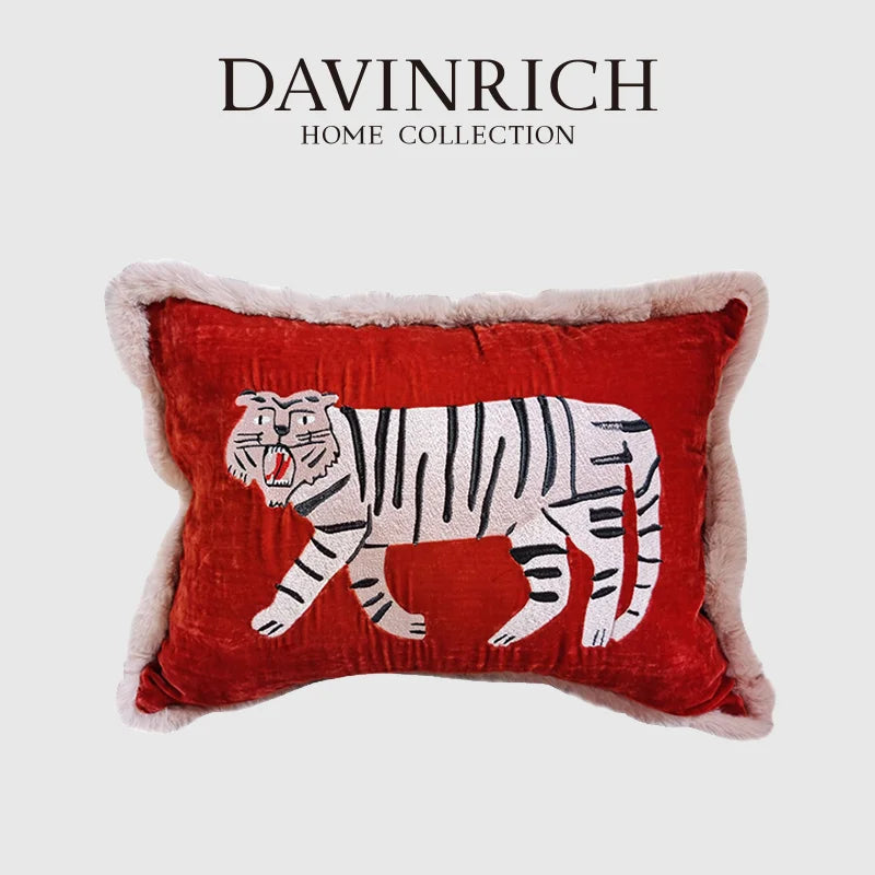 DecorBites™ Furry Tiger Embroidery Velvet Cushion Cover 40x55cm: Retro Charm Luxury Home Decor
