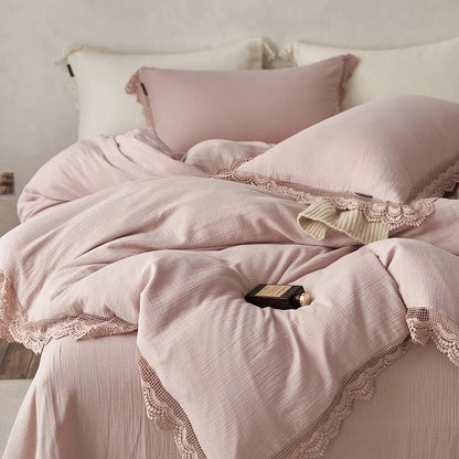 DecorBites™ Lace Edge Cotton Bedding Set for Soft Skin with Duvet, Sheets, and Pillowcases