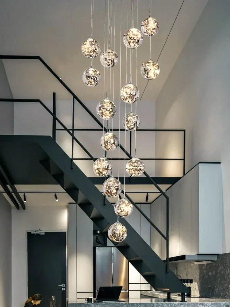DecorBites™ Gold LED Glass Chandelier: Minimalist Round Ball Staircase Lighting Fixtures