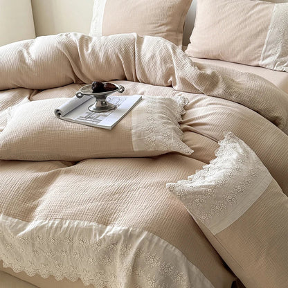 DecorBites™ French Lace Cotton Bedding Set: Duvet, Sheet, Pillowcases, 4Pc