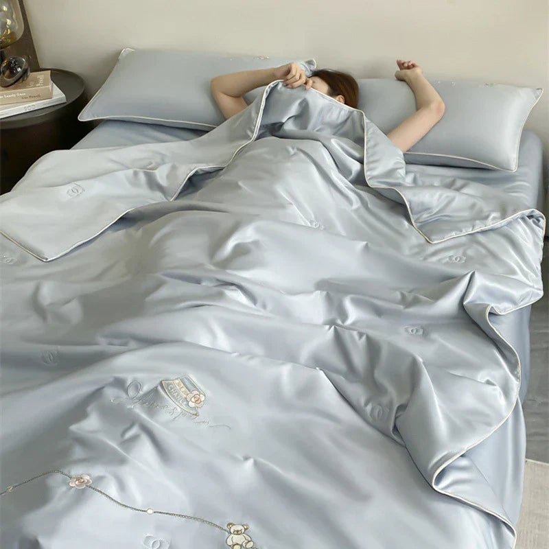 DecorBites™ Ice Rayon Summer Quilt: Bear Floral Embroidery Cooling Thin Blanket - Antimicrobial Comforter